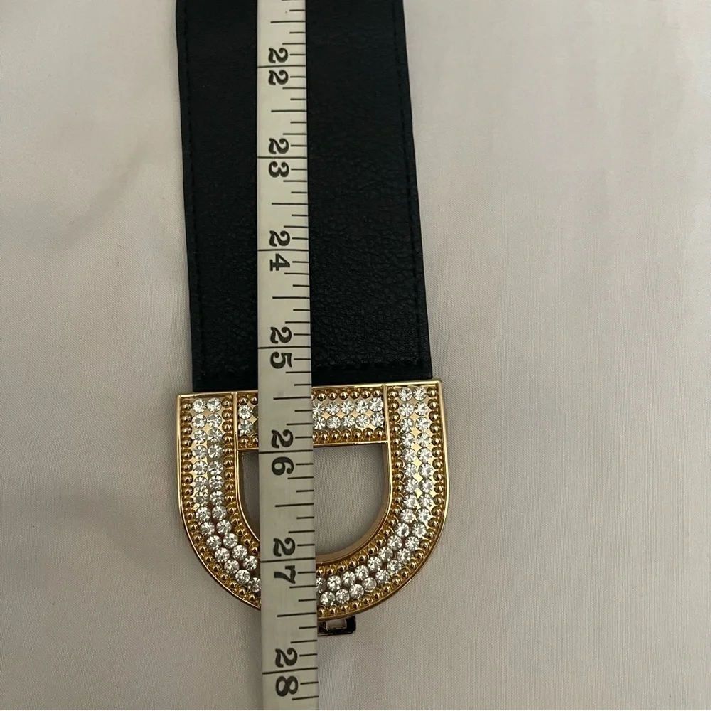 Black PU leather gold tone buckle with rhinestone details elastic waistband belt - Picture 6 of 9